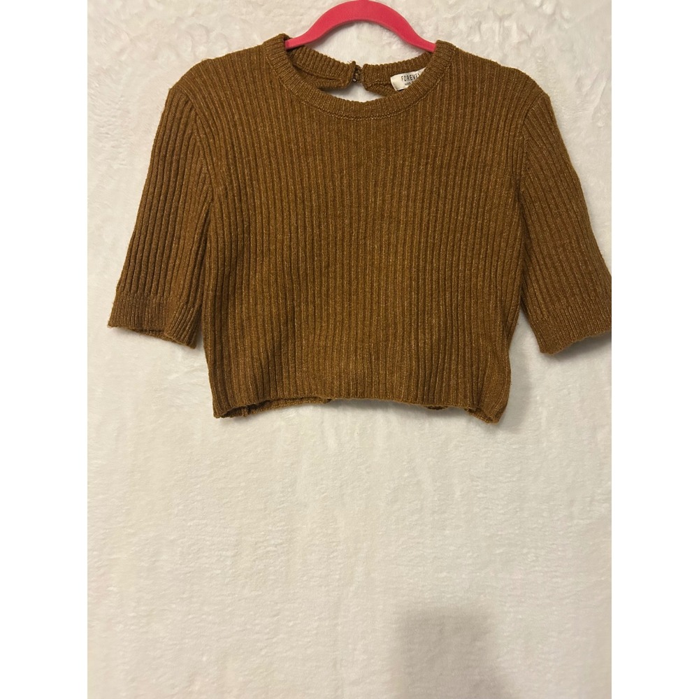 Forever 21 Brown Ribbed Knit Open Back Tie Waist Crop Top Sweater Large NWT